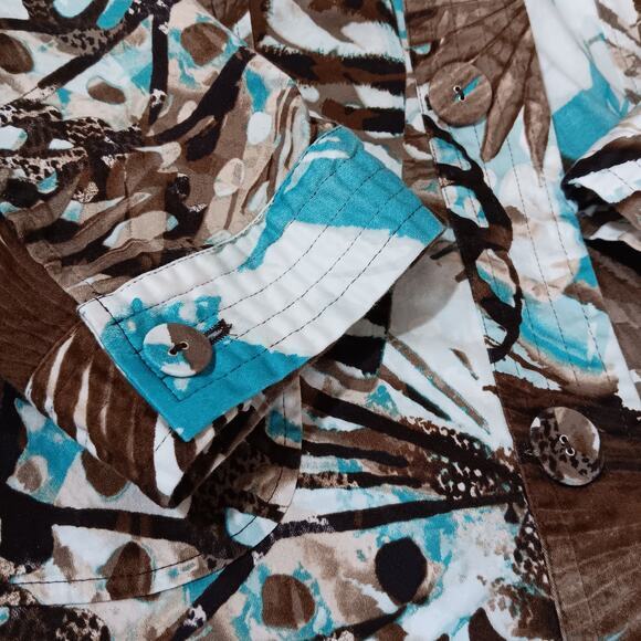 CHICO'S 2 Light Jacket Cute Buttons 12 LG Office Travel Leaves‎ Animal Turquoise - Picture 2 of 12